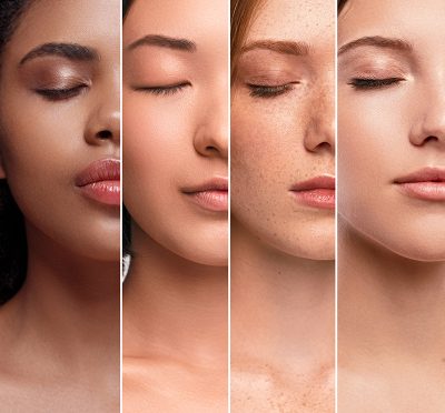 Collage of crop faces of attractive multiracial models with closed eyes and clean skin
